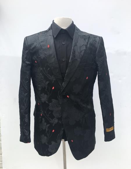 Floral themed full black 1 button peak lapel 1 chest pocket tuxedo suit for men