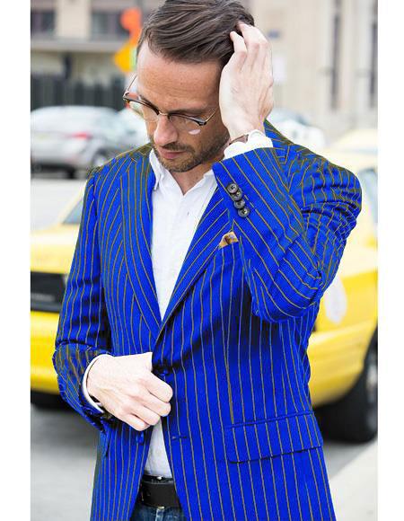 Men's Navy and Gold Pinstripe Two Button Pinstripe Blazer