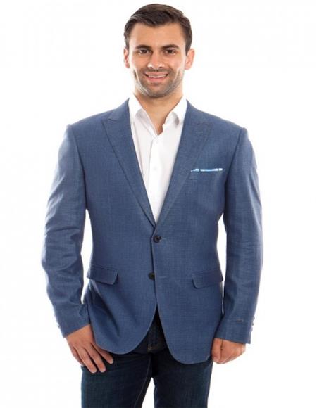 Men's Blue Linen Sports Coat Peak Lapel - Mens Linen Suit