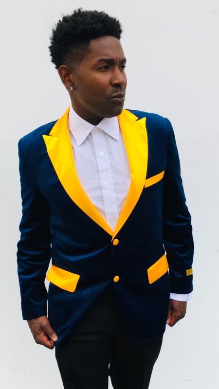 Navy Blue and Goldish Yellowish Lapel Velvet Men's blazer With Matching Bowtie