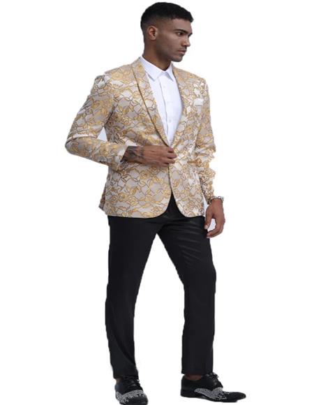 Men's Gold Floral Pattern Slim Fit Shawl Lapel Tuxedo For Prom 2025 & Wedding