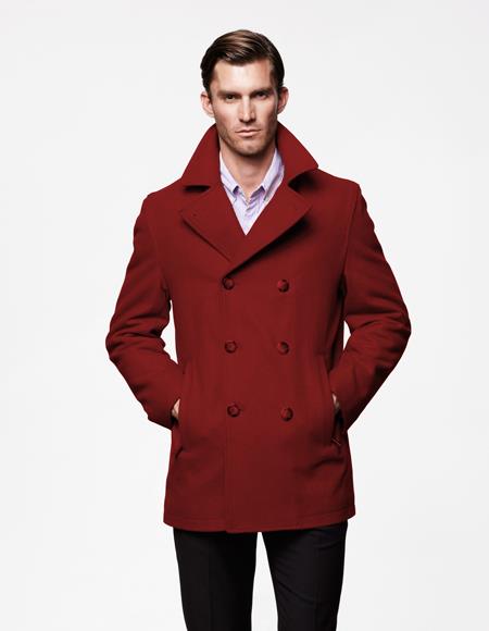 Men's Burgundy Six Button Double Breasted Cheap Priced Mens Wool Peacoat Jacket