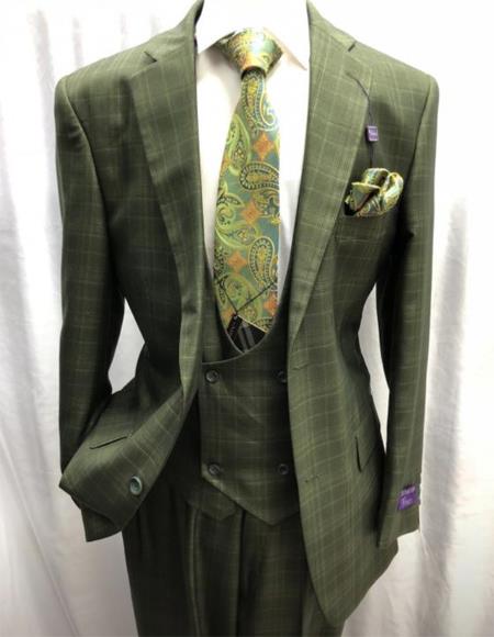 Green Two Button Two Flap Front Pockets Business Suit for Men