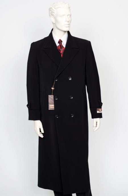 Men's Black Double Breasted Full Length Coat Duster Maxi Coat