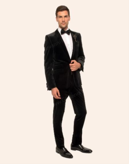 Black One Button Velvet Suit