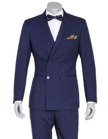 Navy Blue Four Button Double Breasted Graduation Suit For boy / Guys