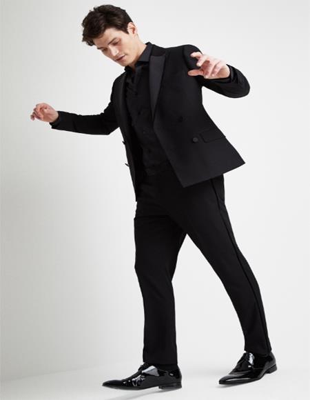 Black Fully Lined Peak Lapel Graduation Suit For boy / Guys