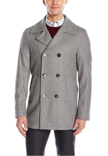 Men's Light Grey ~ Wine Six Button Welt Slash Pockets Wool Coat
