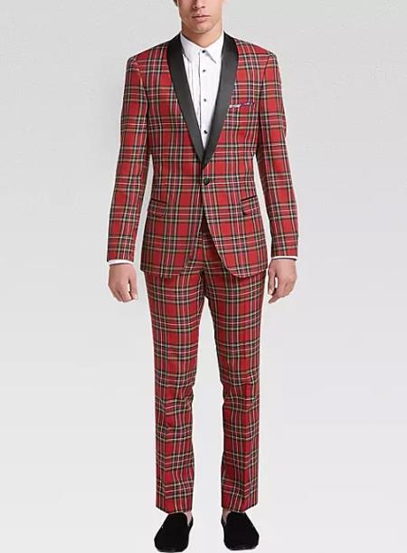 Mens Plaid Suit Tartan Red and Black Pattern Fully Lined One Button Suit For Men