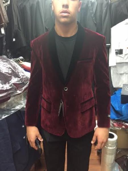 Velour Men's blazer Jacket Black and Burgundy ~ Wine ~ Maroon Velvet Shawl Collar Tuxedo