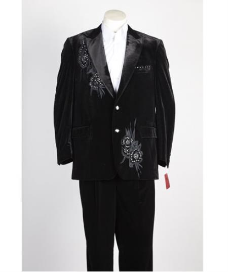Men's 2 Button Black Velvet Jacket, with floral pattern, Satin Peak Lapel, and Black Dress Pants velo