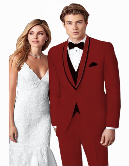 Prom 2026 ~ Wedding Tuxedo Suits Wtih Trim Shawl Collar Vested Suit Burgundy/Black Trim Burgundy Suit