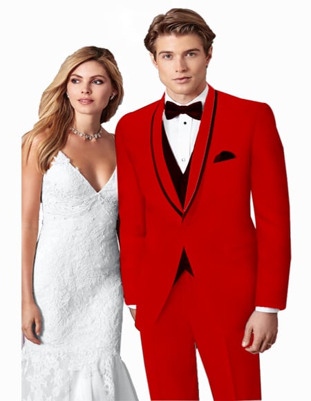 Prom 2026 ~ Wedding Tuxedo Suits Wtih Trim Shawl Collar Vested Suit Red/Black Trim
