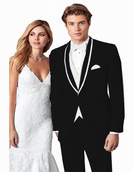 Prom 2026 ~ Wedding Tuxedo Suits Wtih Trim Shawl Collar Vested Suit Black/White Trim
