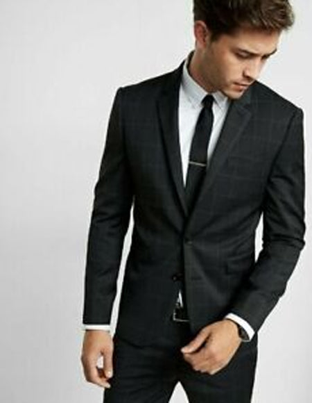 Men's Black Windowpane Pattern Two Button Gangster Checkered Suit