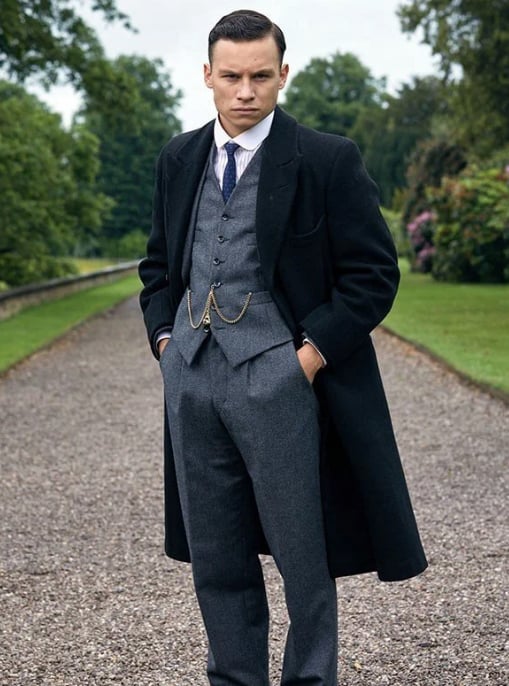Men's Black Full-length Sleeves Buttoned Closure Peaky Blinders Suit - Peaky Blinders Outfit + Overcoat + Hat (Peaky Blinder Custome)