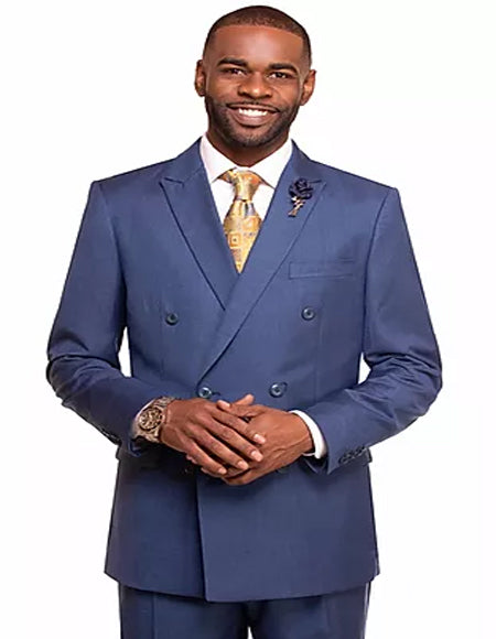 Men's Indigo - Cobalt Blue Double Breasted 2 Button Vitali Brand Flat Front Pants Regular Fit Side