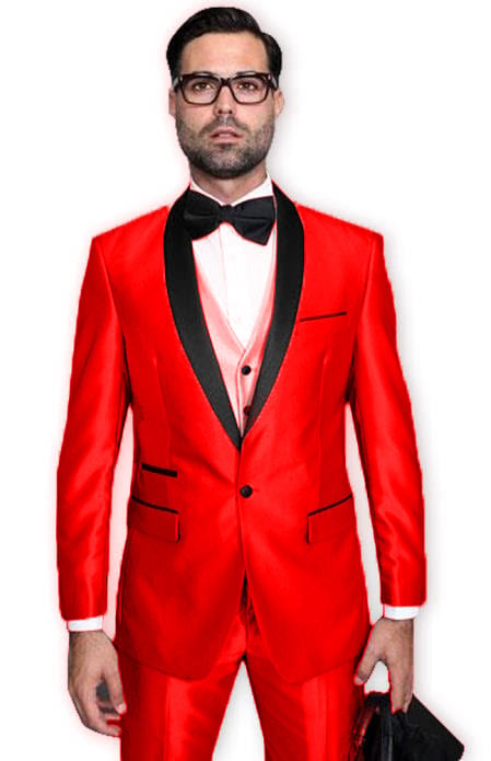 Red Tuxedo Shawl Collar Jacket & Pants Suit Prom 2026 or Wedding or Shiny Metallic Fabric Groom Tuxedo