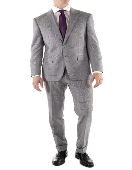 Light Grey Plaid Check Slim Fit Flat Front Windowpane Suit