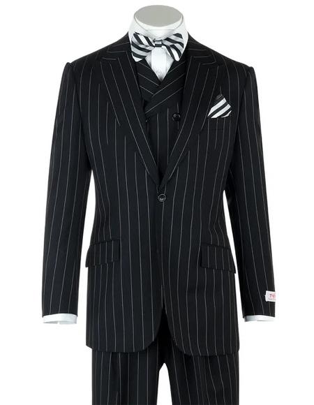 1920s Men's Gangster Bold Black Chalk Pinstripe with Double Breasted Vest Fabric