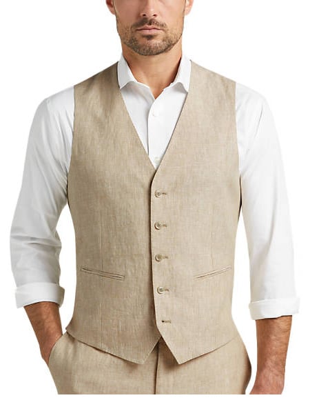Five Button Besom pocket Men's Tan Chambray Slim Fit Suit Separates Vest