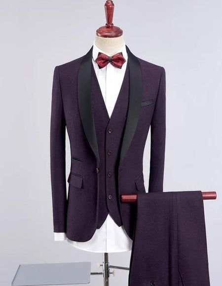 Men's Dark Purple Solid One Button Three-piece Suit