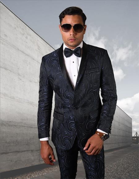 Two Button Ultra Slim Fit Prom 2026 Suit / Wedding Suit In Navy With Matching Bow Tie