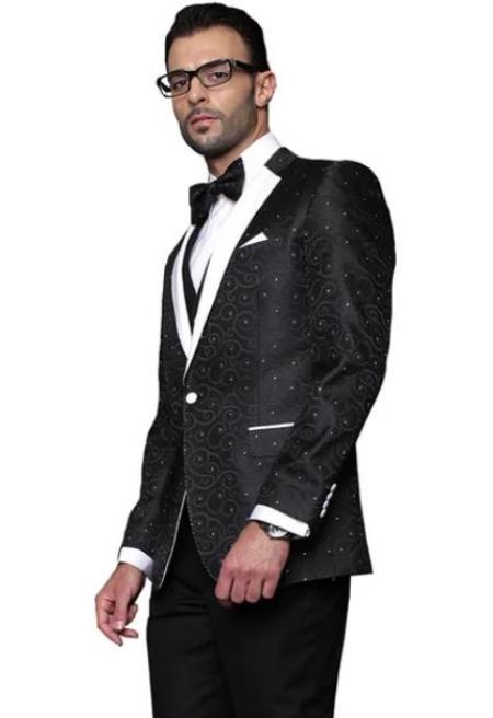 Black One Button Closure Paisley Floral Suit