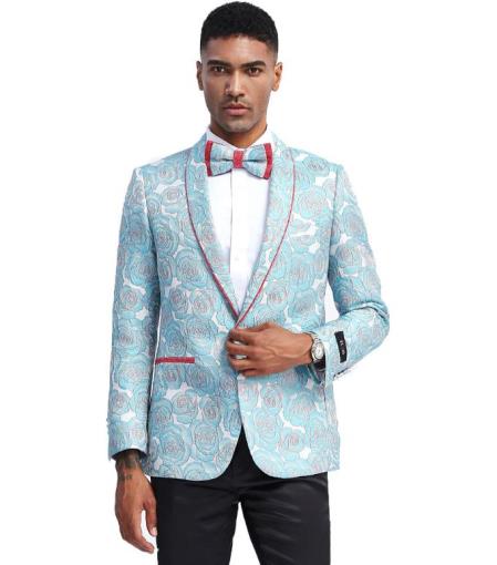 Light Blue Tuxedo Jacket Pattern with Red Trim Shawl Lapel - Blazer - Prom 2026 - Wedding