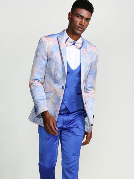 Blue Slim Fit Tuxedo with Fancy Pattern Four Piece Set - Wedding - Prom 2026