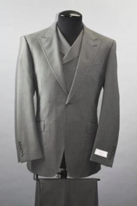 Men’s Grey 1920s Style 3 Piece Suit with Double Breasted Slanted Vest, Peak Lapel & Pleated Wide Leg Pants