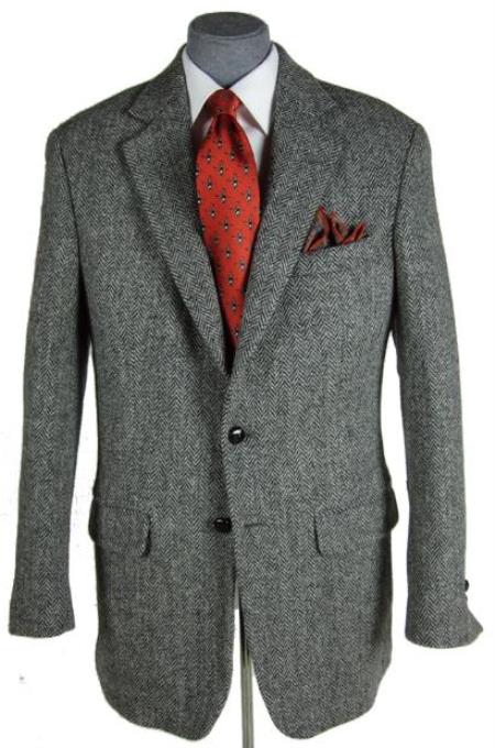 Men’s Grey Harris Tweed Herringbone Sport Coat, Classic Dress Casual Blazer Jacket