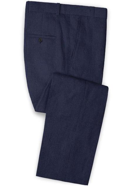 Men's Linen Fabric Pants Flat Front Dark Blue