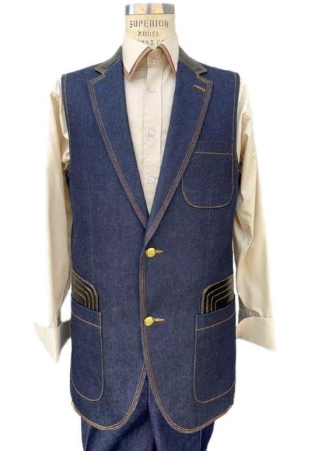 Men's Navy Sleeveless Denim 2 piece Suit