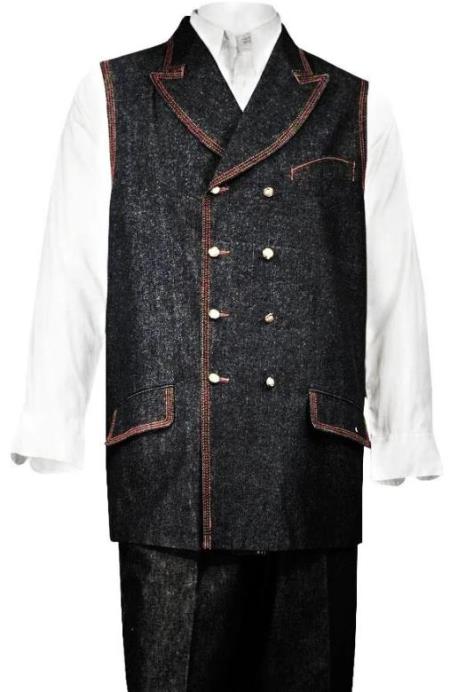 Denim Mens Double Breasted Vest + Denim Jean Black - Men's Denim 2 piece Set