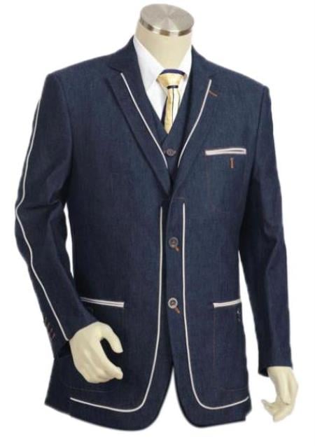 Men's Denim Cotton Fabric Trimmed Two Tone Blazer