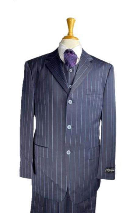 Navy Blue and Turquoise Blue Pinstripe Vested Three Piece Vested Suit