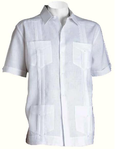Men’s White 4 Pocket Short Sleeve Guayabera Shirt, Pleated Casual Dress Shirt