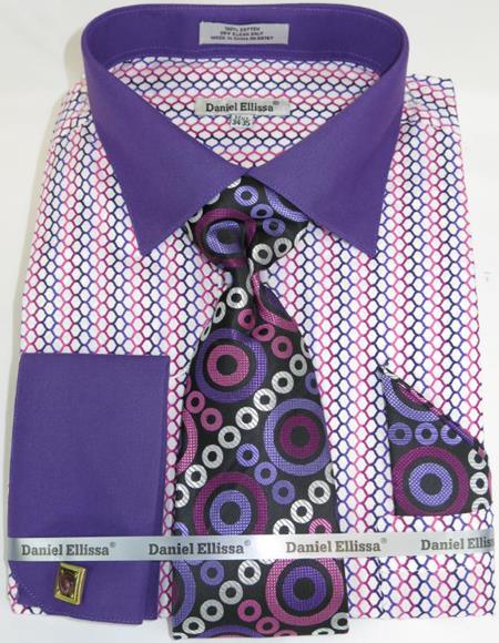 Mens Fashion Dress Shirts and Ties Purple Multi Colorful Men's Dress Shirt
