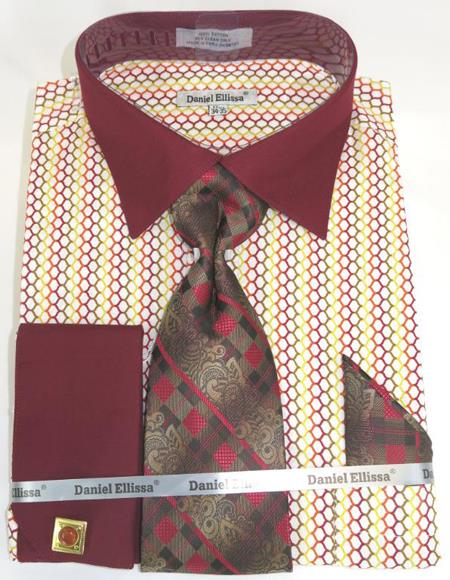 Mens Fashion Dress Shirts and Ties Burgundy Multi Colorful Men's Dress Shirt