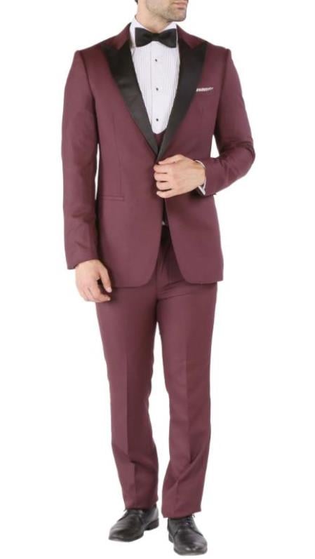 Prom 2026 Tuxedo - Wedding Tuxedo "Luna" Burgundy 3-Piece Slim Fit Peak Lapel Tuxedo