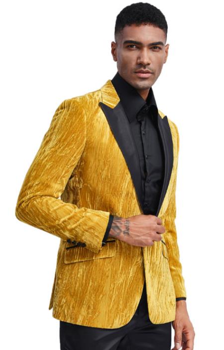 Men's Gold Tuxedo Jacket with Fancy Velvet Feel Pattern - Blazer - Prom 2025 - Wedding