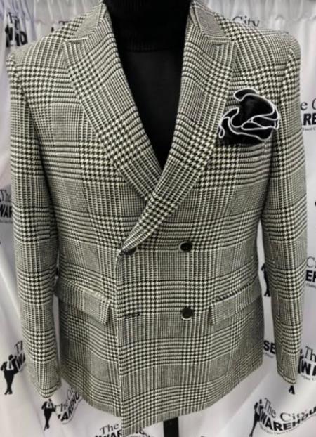 Mens 4 Button Peak Lapel Checkered Suit Black and White — Menssuitsatlanta