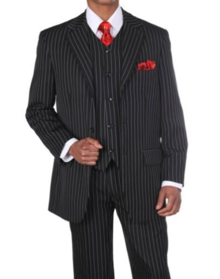 Three Button Suit - Vested Suit - Banker Pinstripe Suit