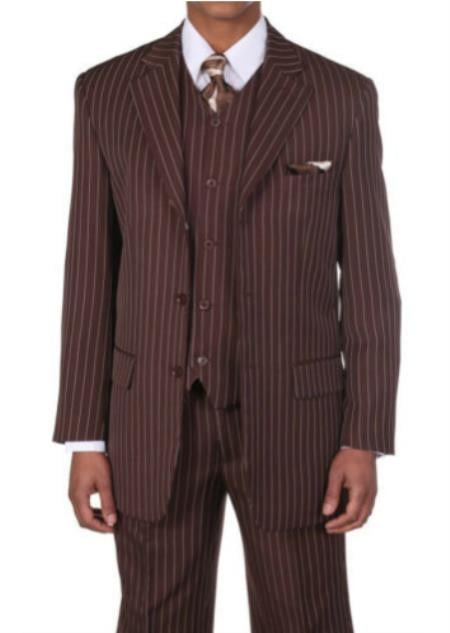 Three Button Suit - Vested Suit - Banker Pinstripe Suit