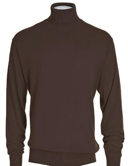 Mens Brown Cotton Blend Turtleneck Sweater Shirt