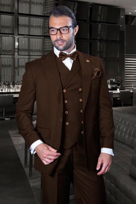 Classic Fit Suit Mens Copper 150s' + Double Breasted Vest Suit - 100% Percent Wool Fabric Suit - Worsted Wool Business Suit