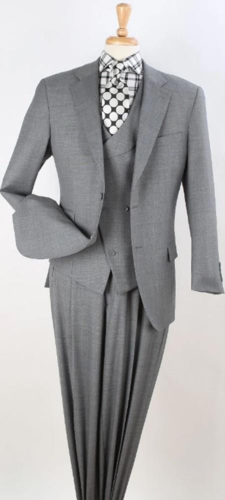 Men’s Light Grey 3 Piece Suit with Double Breasted Vest and Pleated Pants