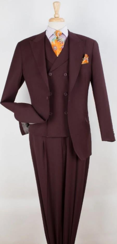 Men’s Burgundy Maroon 3 Piece Suit with Double Breasted Vest and Pleated Pants