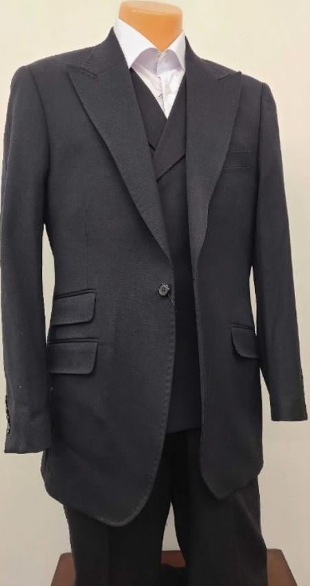 Men’s Black Classic Fit 3 Piece Suit with Double Breasted Vest and Pleated Pants